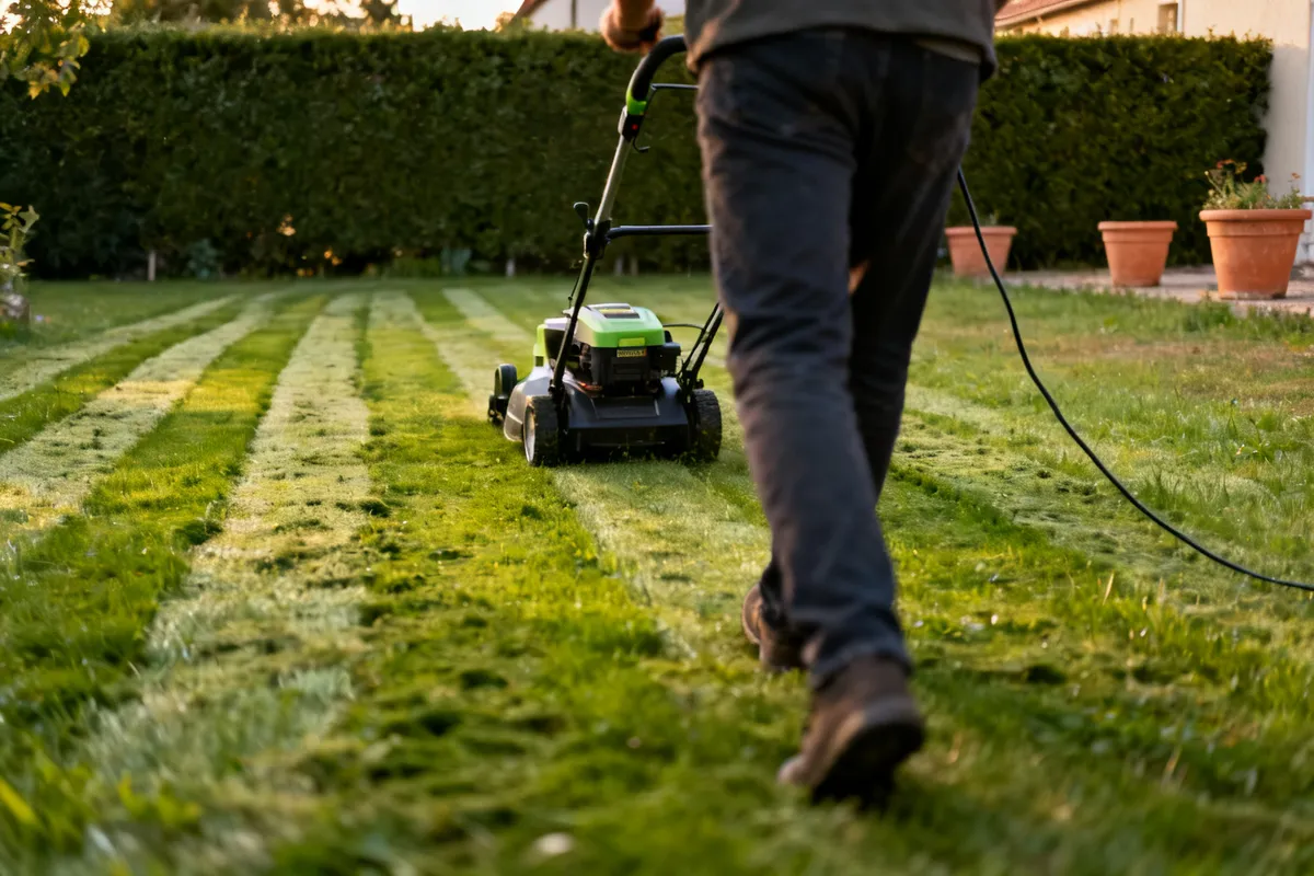Tonte d'une pelouse de jardin pavillonnaire avec une tondeuse électrique filaire, andains de coupe bien visibles