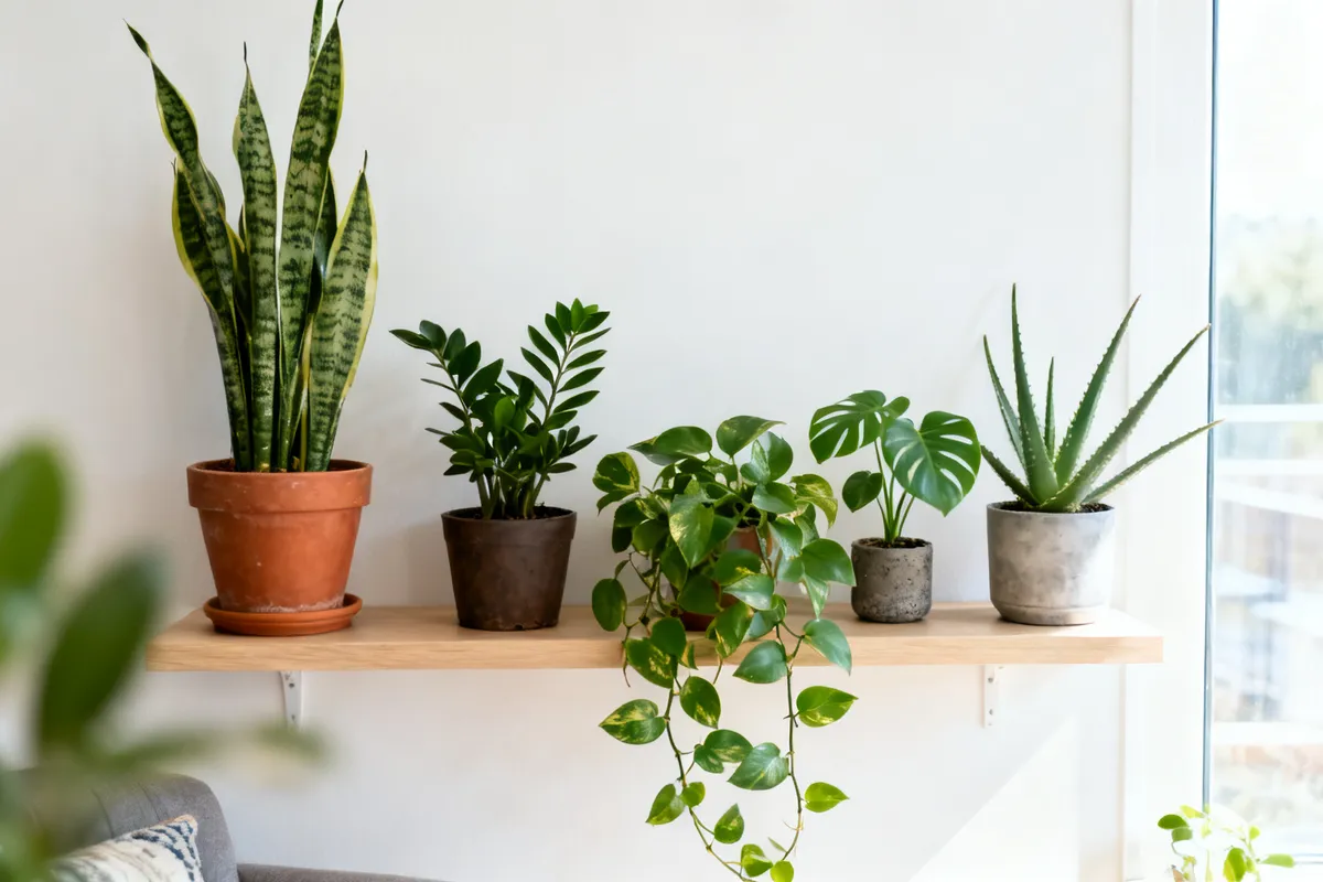 Étagère en bois clair avec cinq plantes d'intérieur faciles : sansevière, ZZ, pothos retombant, monstera et aloe vera, devant un mur blanc
