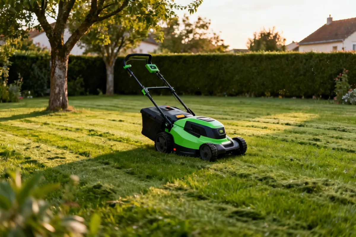 Tondeuse électrique posée sur une pelouse fraîchement tondue dans un jardin pavillonnaire, lumière de fin de journée