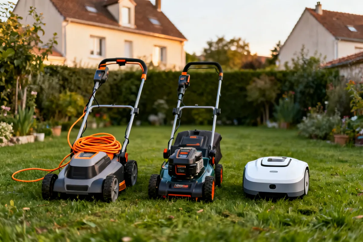 Trois types de tondeuses côte à côte sur une pelouse : électrique filaire, sur batterie et robot tondeuse